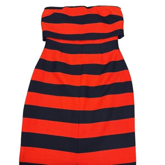 NWT LAVISH ALICE Bandeau Strapless Midi Fitted Dress Sz 4 Orange Navy Striped - Picture 3 of 7